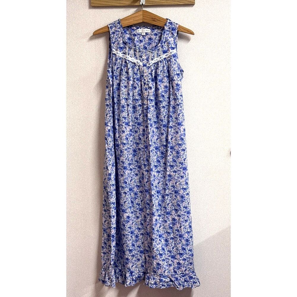 Eileen West Floral Cotton Nightgown Prairie Cottagecore Pintuck Lace Maxi Gown S